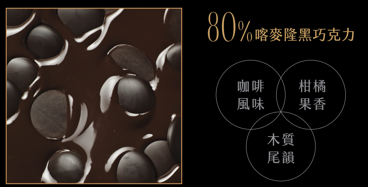 80%喀麥隆黑巧克力：咖啡風味、柑橘果香、木質尾韻