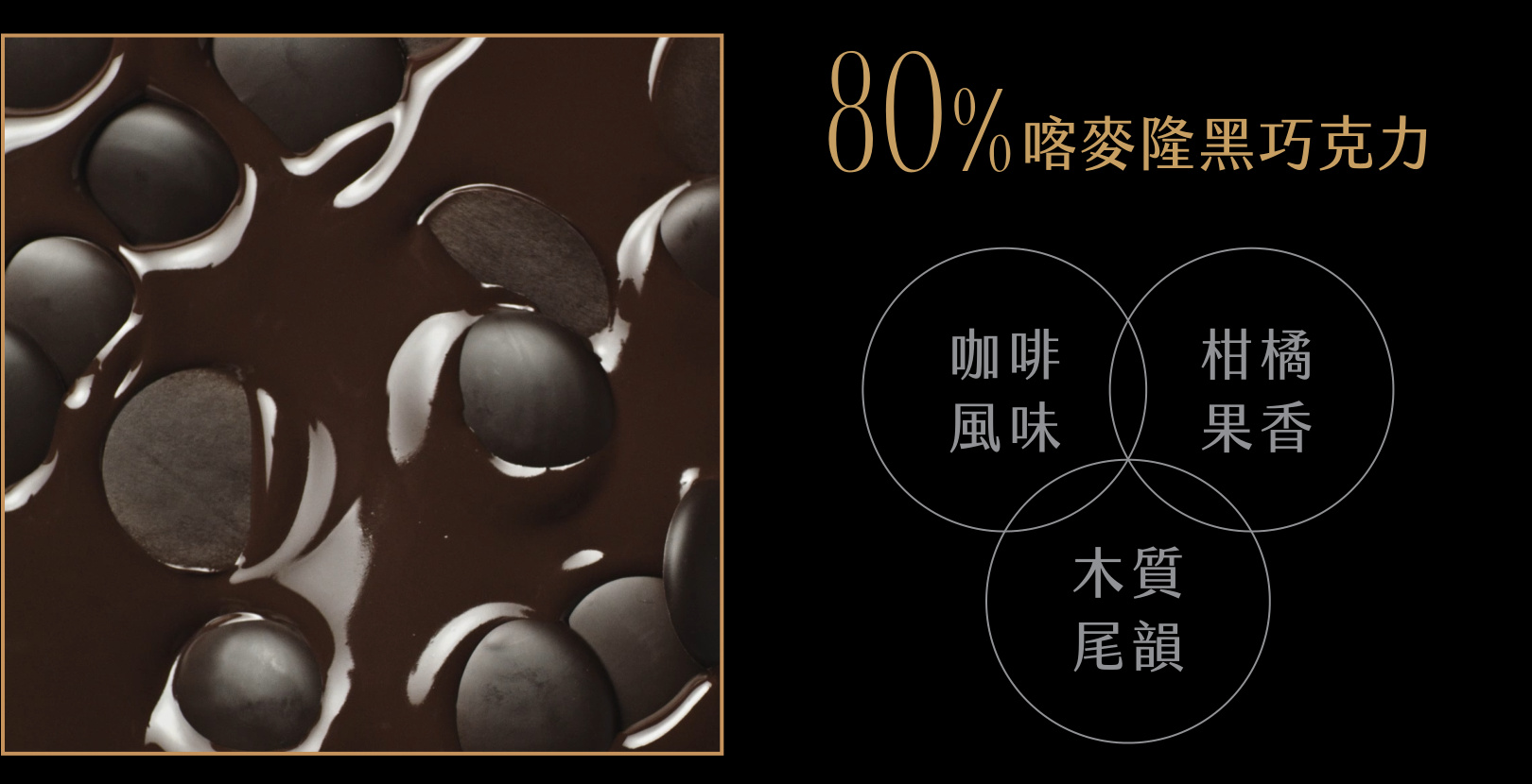 80%喀麥隆黑巧克力：咖啡風味、柑橘果香、木質尾韻