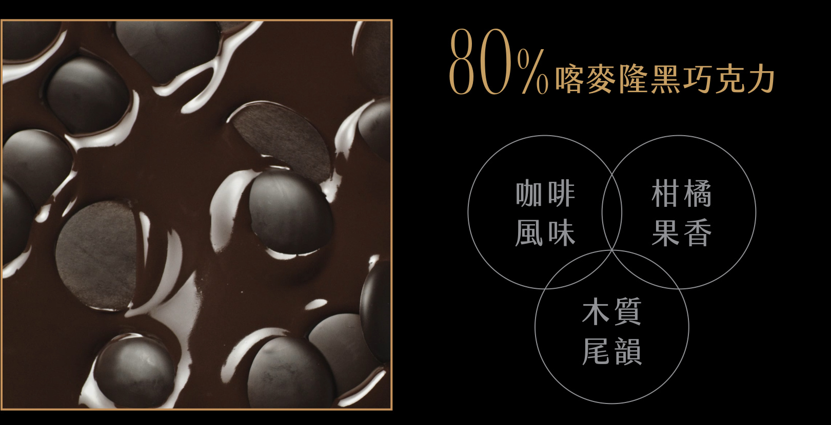 80%喀麥隆黑巧克力：咖啡風味、柑橘果香、木質尾韻